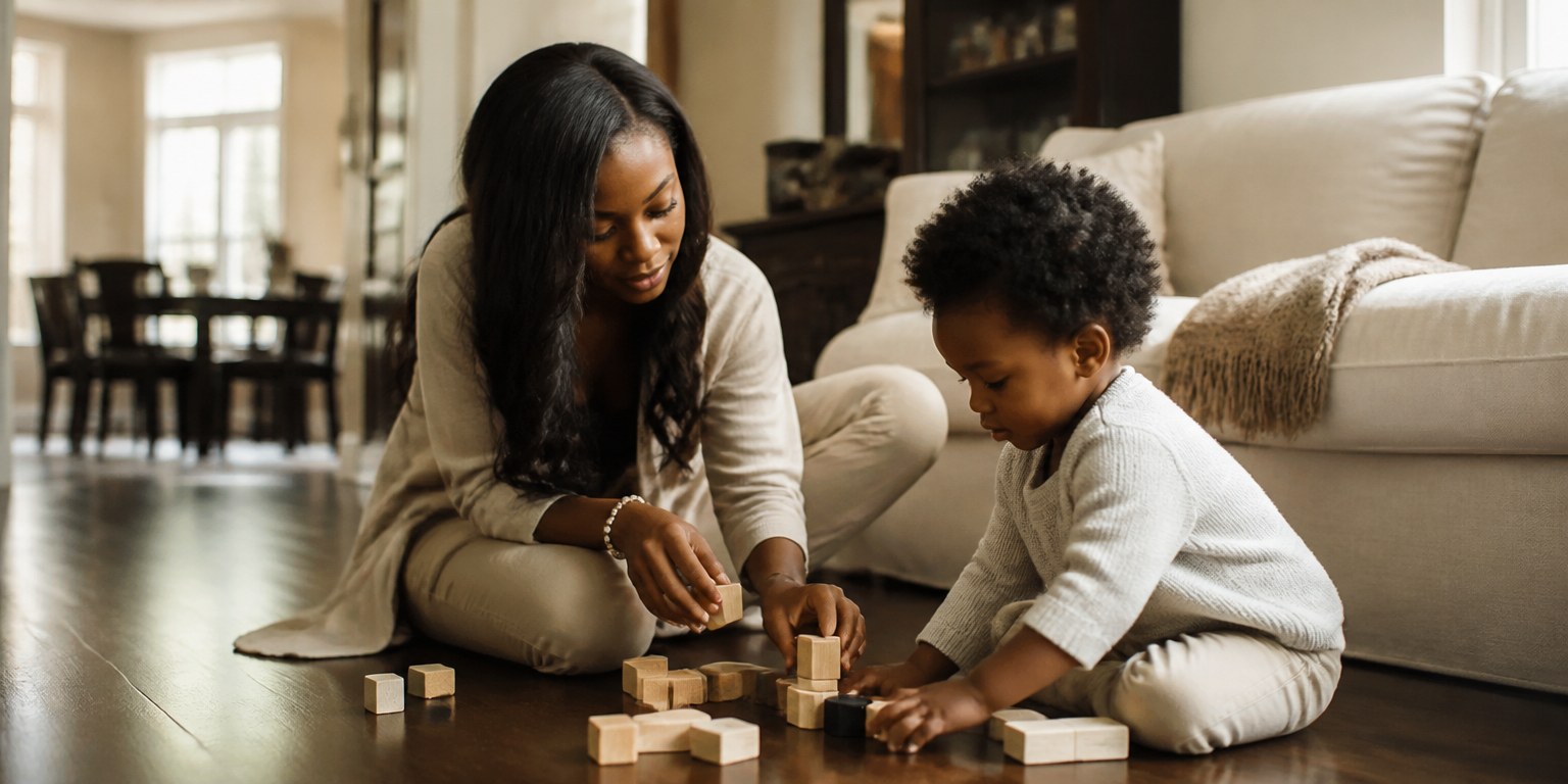 A caregiver and a young child playing on the floor of a family home